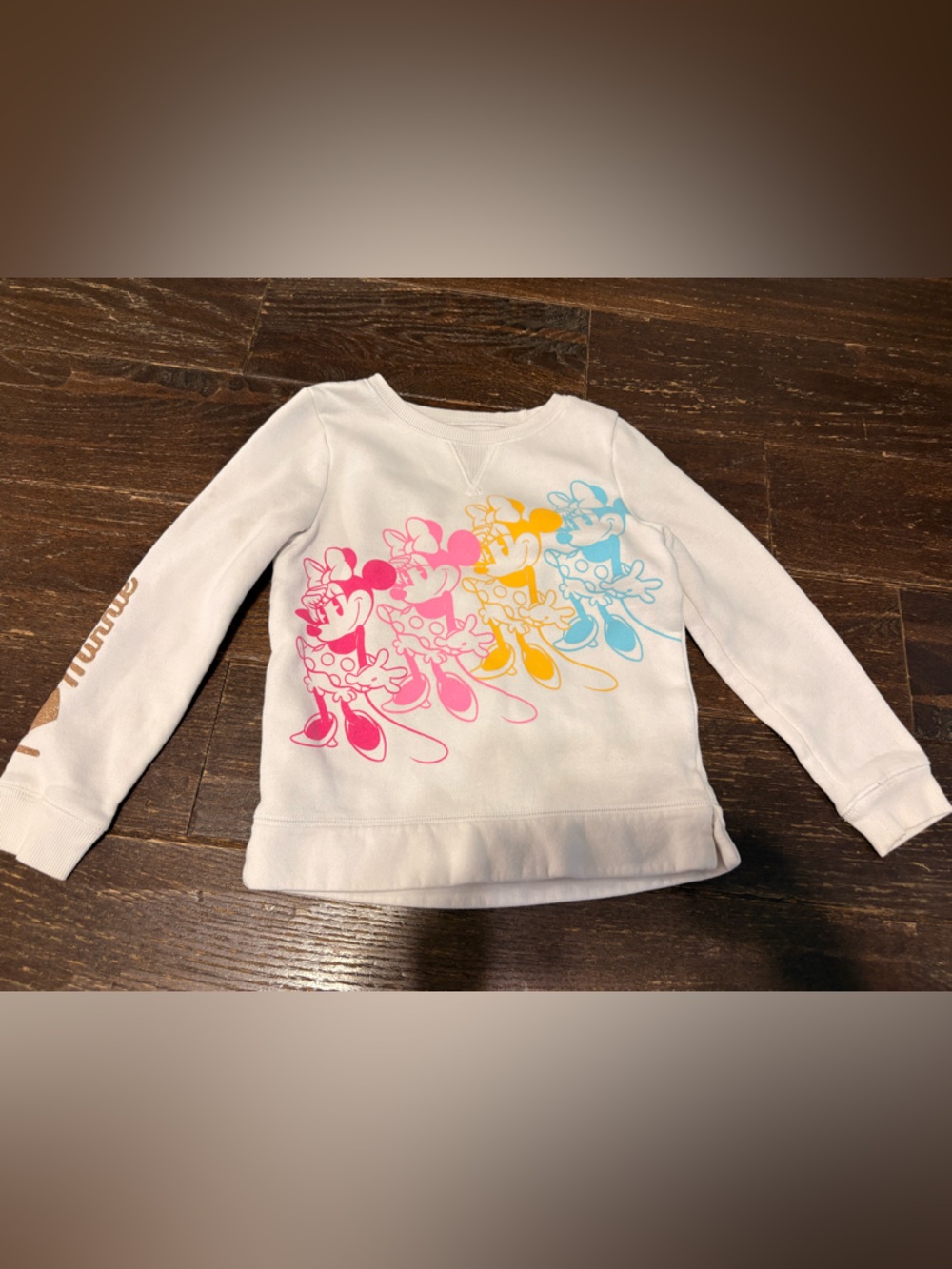 Disney White Sweatshirt with Pink, Yellow & Blue Minnie Mouse Graphics